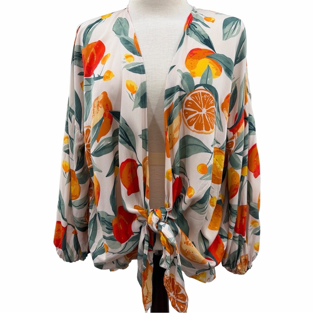 Nordstrom Rack Oranges Fruit Print Women's Tie Front Top Size Small